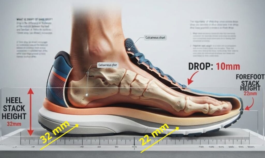 Diagrama realista exibindo o perfil de um pé humano dentro de um tênis de corrida em corte longitudinal. A imagem destaca o perfil do solado, a espessura da entressola no calcanhar e no antepé, indicando a medição do drop.