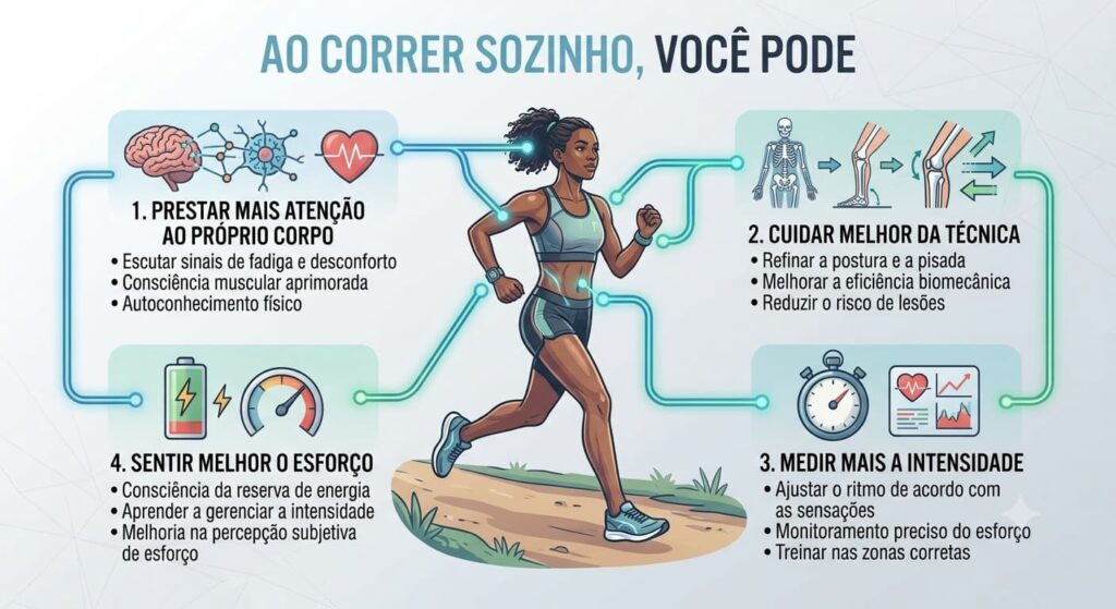 Infográfico "AO CORRER SOZINHO, VOCÊ PODE", ilustrado com uma corredora focada em uma trilha. 1. Prestar mais atenção ao próprio corpo, 2. Cuidar melhor da técnica, 3. Medir mais a intensidade, 4. Sentir melhor o esforço.