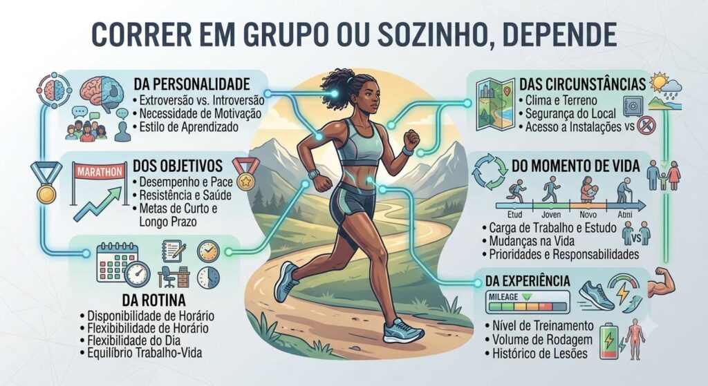 Infográfico "AO CORRER SOZINHO, VOCÊ PODE", ilustrado com uma corredora focada em uma trilha. 1. Prestar mais atenção ao próprio corpo, 2. Cuidar melhor da técnica, 3. Medir mais a intensidade, 4. Sentir melhor o esforço.