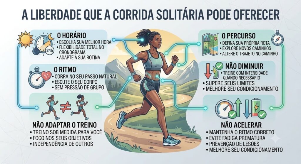 Infográfico "A liberdade que a corrida solitária pode oferecer", mostrando o ciclo do corredor. O horário, O percurso, O ritmo, Não adaptar o treino, Não acelerar quando não deve, Não diminuir quando o treino pede intensidade.