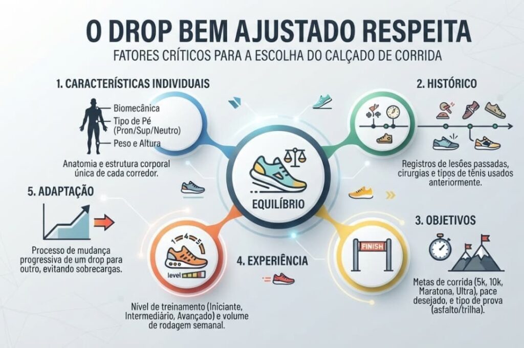 Infográfico explicativo sobre o Drop Bem Ajustado, apresentando cinco fatores críticos para a escolha do tênis de corrida: características individuais, histórico de lesões, objetivos, nível de experiência e processo de adaptação.