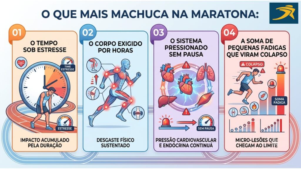 Infográfico 'O QUE MAIS MACHUCA NA MARATONA:' corredor exausto sob estresse; um modelo anatômico com pontos de desgaste articular e físico; o sistema cardiovascular sob pressão contínua; um gráfico e um corredor no limite por pequenas fadigas.