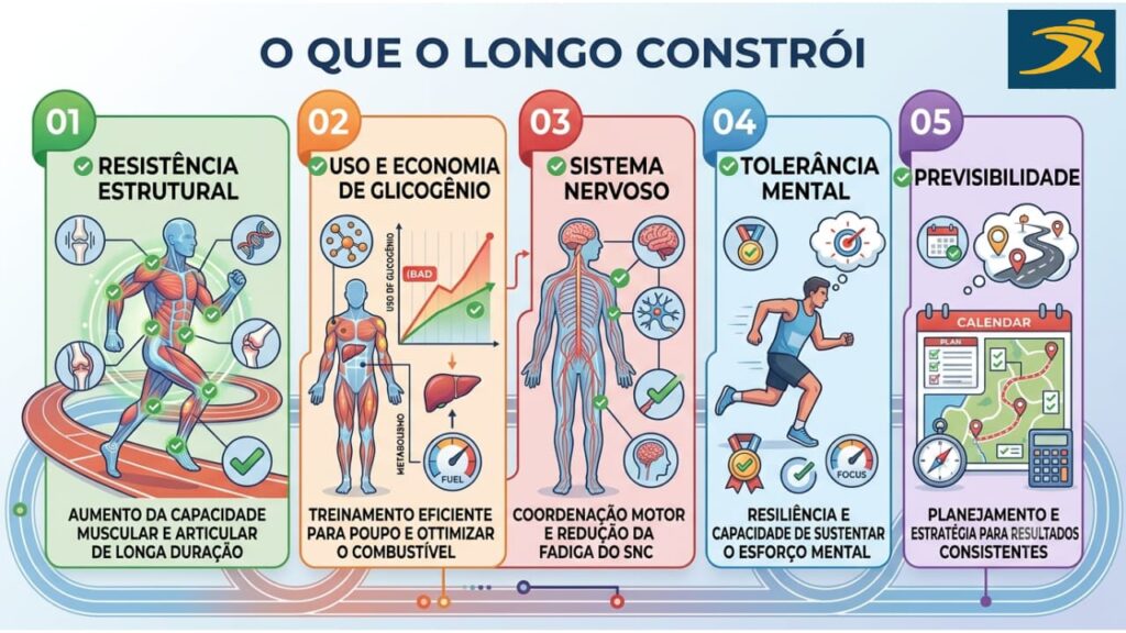Infográfico 'O QUE O LONGO CONSTRÓI'. a Resistência Estrutural; Uso e Economia de Glicogênio com gráficos de metabolismo; o Sistema Nervoso e a coordenação motora; a Tolerância Mental e resiliência do corredor; a Previsibilidade com um mapa de planejamento e calendário.