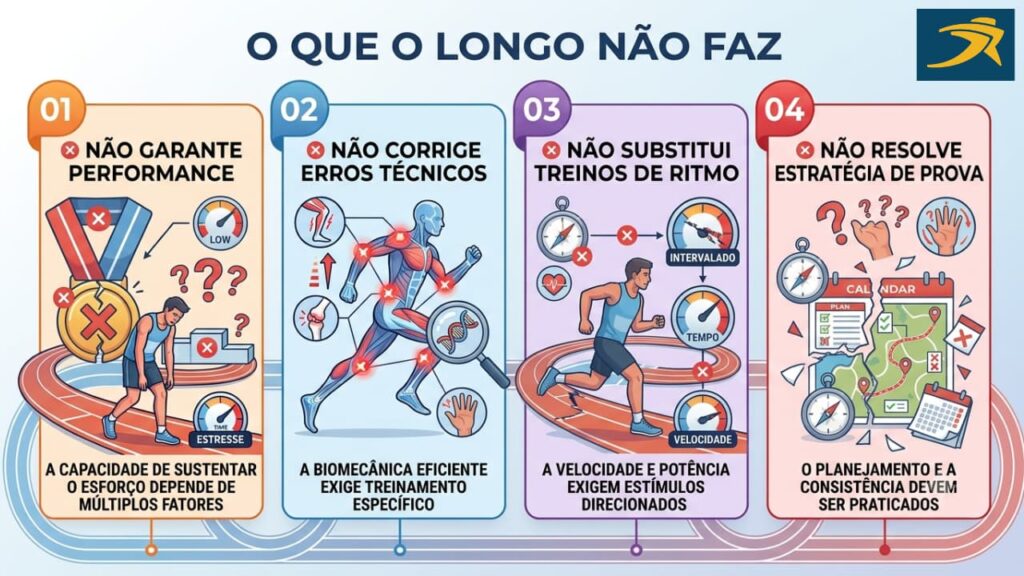 Infográfico 'O QUE O LONGO NÃO FAZ'. uma medalha partida ao meio; uma lupa sobre o sistema muscular; velocímetros cruzados; desenho de um planejamento de prova quebrado.