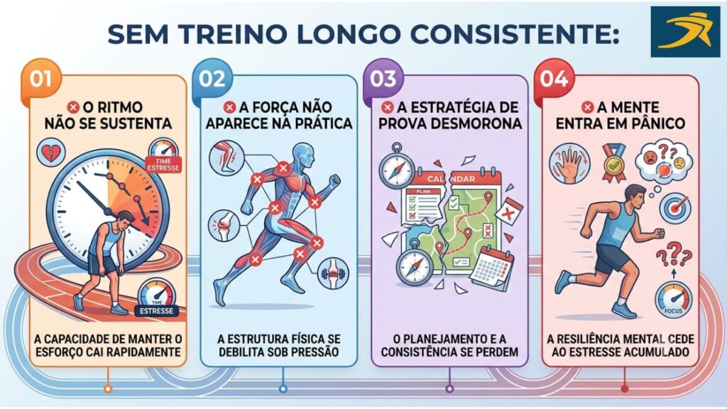 Infográfico 'SEM TREINO LONGO CONSISTENTE:'. a queda de ritmo por um ponteiro de relógio em declínio; pontos de debilidade física; um mapa e planejamento de prova rasgados; um corredor em pânico mental.
