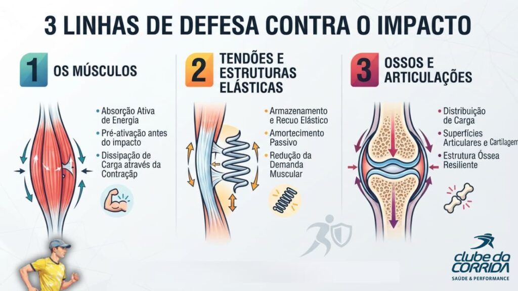 3 linhas de defesa do corpo contra o impacto na corrida: músculos; tendões / estruturas elásticas; ossos / articulações.