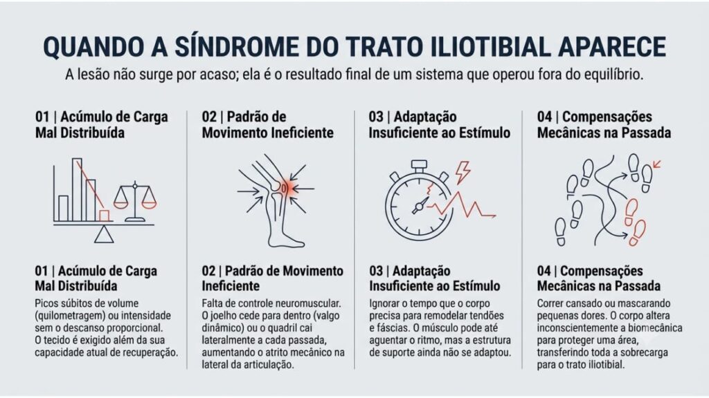 Infográfico 'Quando a Síndrome do Trato Iliotibial Aparece', acúmulo de carga mal distribuída; padrão de movimento ineficiente; adaptação insuficiente dos tecidos ao estímulo da corrida; compensações mecânicas geradas pela fadiga ao longo da passada.