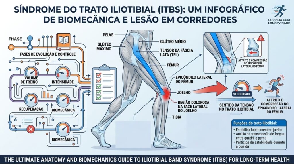 Infográfico anatômico mostrando o trato iliotibial, a região lateral do joelho e a área mais comum de dor na Síndrome do Trato Iliotibial em corredores.