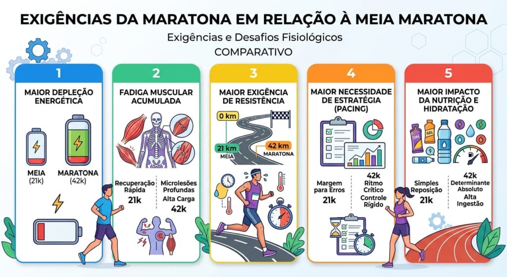 Infográfico comparativo das exigências fisiológicas da maratona em relação à meia maratona, incluindo depleção energética, fadiga muscular, resistência, estratégia de ritmo e impacto da nutrição.