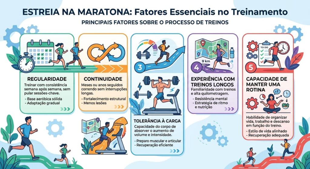 Infográfico cinco fatores no processo de treino para estrear na maratona: regularidade, continuidade, tolerância à carga, experiência com treinos longos e capacidade de manter uma rotina.