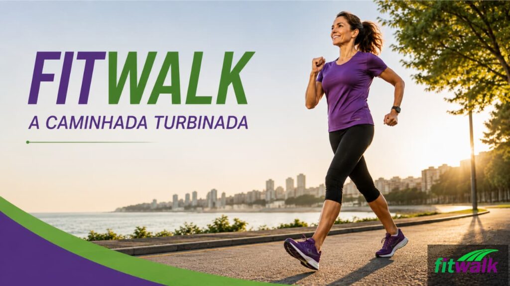 Mulher praticando a caminhada Fitwalk em um parque, com o texto Fitwalk A Caminhada Turbinada e a logomarca da marca.