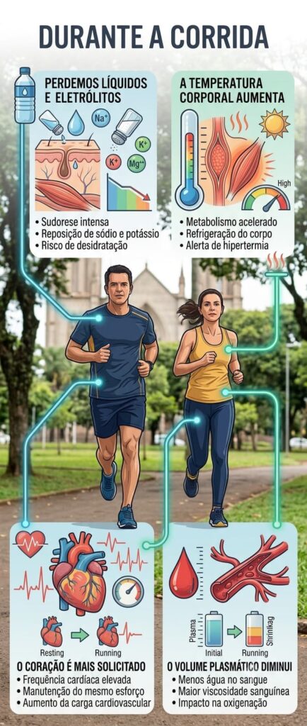Infográfico "DURANTE A CORRIDA", com dois corredores. 1. Perda de líquidos e eletrólitos, 2. Aumento da temperatura corporal, 3. Redução do volume plasmático, 4. Aumento da solicitação cardíaca.