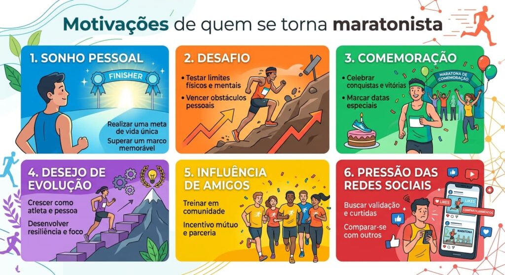 Infográfico das principais motivações de quem se torna maratonista: sonho pessoal, desafio, comemoração, desejo de evolução, influência de amigos e pressão das redes sociais.