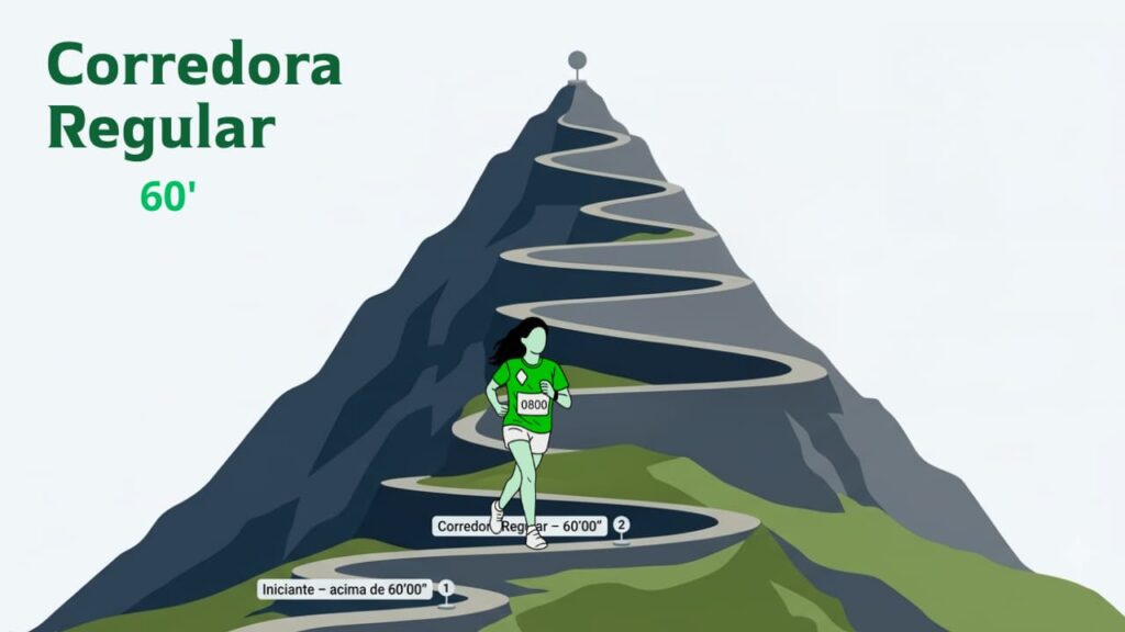 Corredora regular em um dos primeiros níveis da montanha, representando o tempo de 60 minutos nos 10 km.