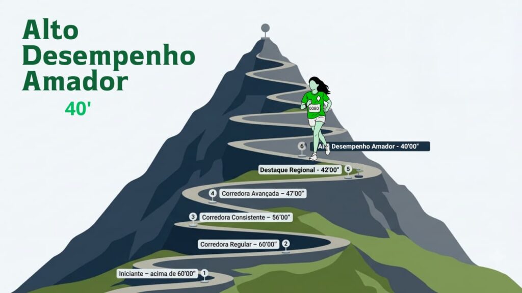 Corredora de alto desempenho amador em um nível elevado da montanha, representando o tempo de 40 minutos nos 10 km.