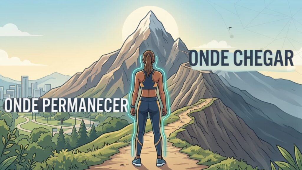 Ilustração de uma corredora em frente a uma montanha representando a reflexão sobre onde a corredora pode chegar e em qual nível permanecer treinando com saúde e prazer.