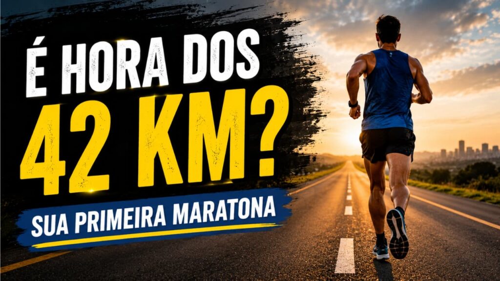 Corredor se preparando para sua primeira maratona em uma estrada, representando o desafio dos 42 km