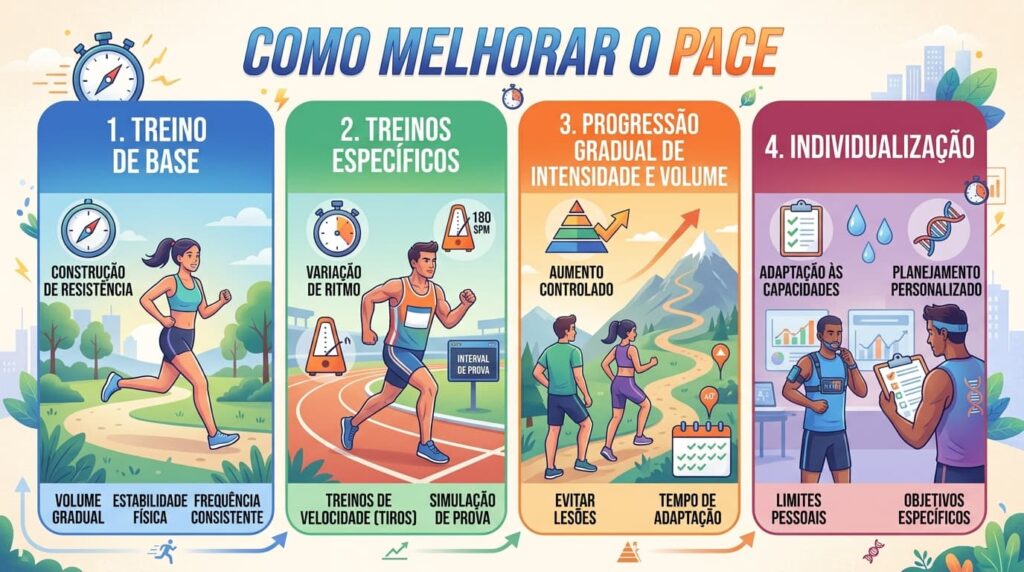 Infográfico "COMO MELHORAR O PACE". 1. Treino de Base, 2. Treinos Específicos, 3. Progressão Gradual de Intensidade e Volume e 4. Individualização.
