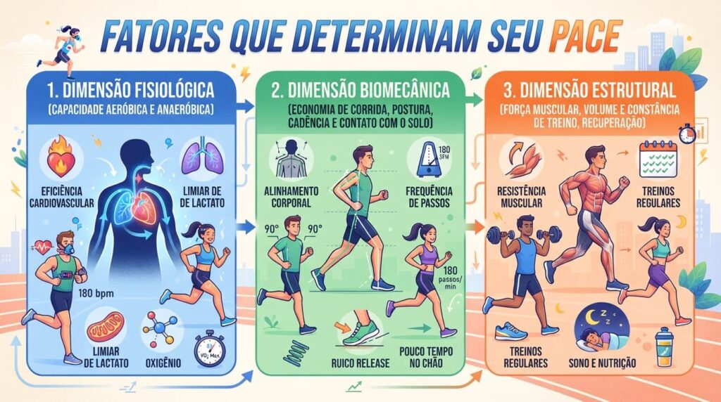 Infográfico "FATORES QUE DETERMINAM SEU PACE". 1. Dimensão Fisiológica, 2. Dimensão Biomecânica e 3. Dimensão Estrutural.
