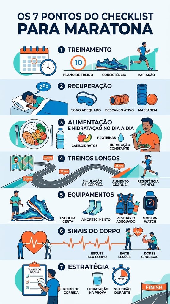 Infográfico vertical colorido e moderno intitulado "OS 7 PONTOS DO CHECKLIST PARA MARATONA". 1. Treinamento 2. Recuperação 3. Alimentação e Hidratação 4. Treinos Longos 5. Equipamentos 6. Sinais do Corpo e 7. Estratégia.