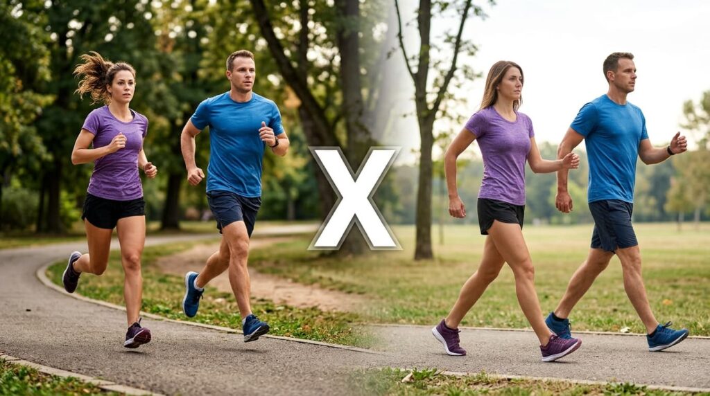 Imagem dividida ao meio por um "X". O lado esquerdo mostra um homem e uma mulher correndo em uma pista de parque arborizada. O lado direito mostra o mesmo homem e mulher praticando Fitwalk, um passo de caminhada rápida e técnica.