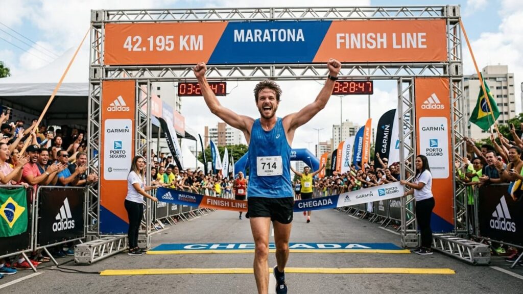 Imagem de um corredor amador, cruzando a linha de chegada de uma maratona com os braços erguidos e uma expressão facial de conquista e euforia. 