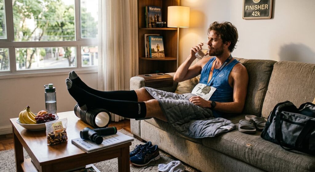 Imagem de um corredor descansando no sofá de casa após o treino, com pés e pernas elevados sobre um rolo de espuma cobertos por uma manta. Ele está relaxado e recostado, segurando um copo de bebida de hidratação.