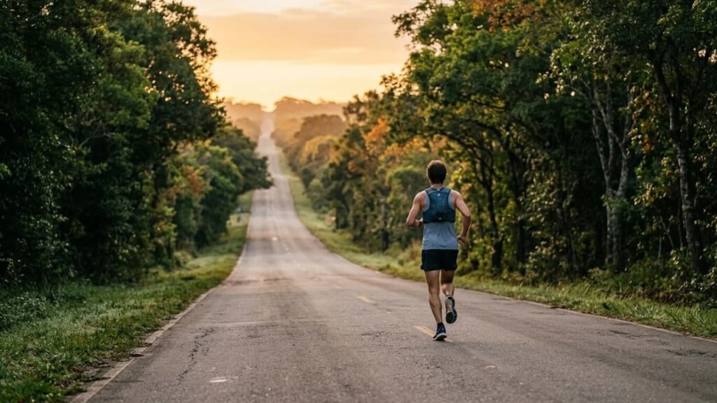 Imagem de um único corredor em um treino longo em uma estrada de asfalto aberta e vazia, ladeada por árvores. O ambiente transmite silêncio, distância e constância.