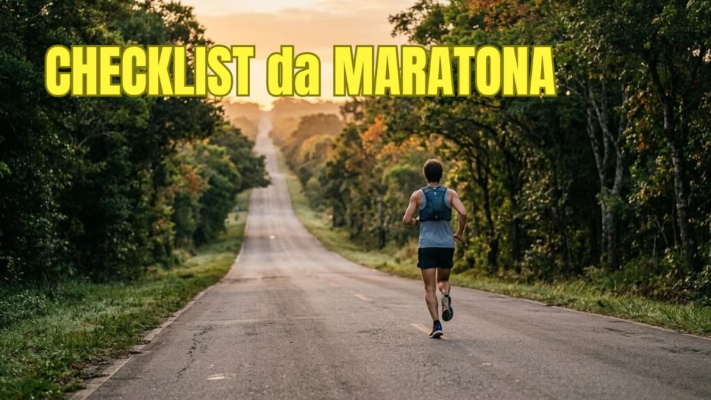 Imagem de capa de um corredor treinando; se preparando para uma maratona, com o texto "checklist da maratona".
