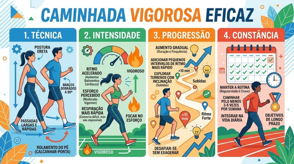 Infográfico CAMINHADA VIGOROSA EFICAZ. pilares da modalidade 1. Técnica; 2. Intensidade; 3. Progressão; 4. Constância.
