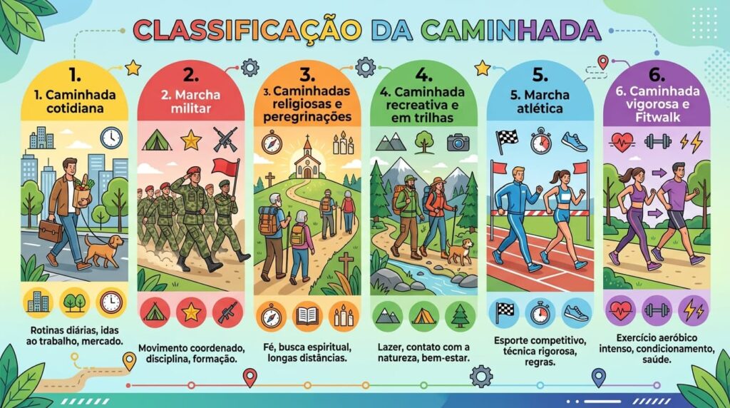 Infográfico "CLASSIFICAÇÃO DA CAMINHADA". 1. Caminhada cotidiana, 2. Marcha militar, 3. Caminhadas religiosas e peregrinações, 4. Caminhada recreativa e em trilhas, 5. Marcha atlética e 6. Caminhada vigorosa e Fitwalk.