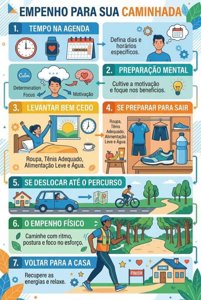 Infográfico "EMPENHO PARA SUA CAMINHADA". 1. Tempo na Agenda, 2. Preparação Mental, 3. Levantar Bem Cedo, 4. Se Preparar para Sair, 5. Se Deslocar Até o Percurso, 6. O Empenho Físico, 7. Voltar para a Casa.
