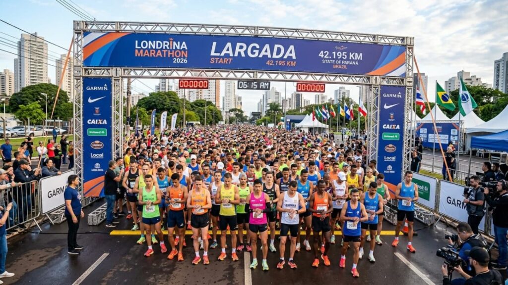 Imagem de corredores na linha de largada de uma maratona num grande pórtico de largada.